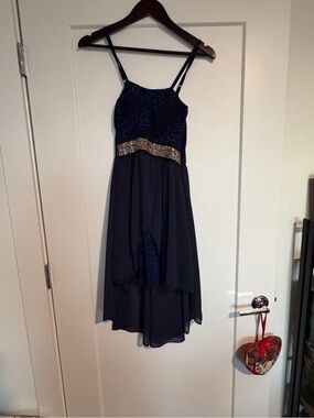 Girls Navy Sparkle High-Low Dress with Gold Waistband